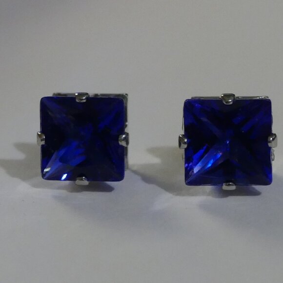 Blue Sapphire Square Cut Stud Earrings - Picture 6 of 6